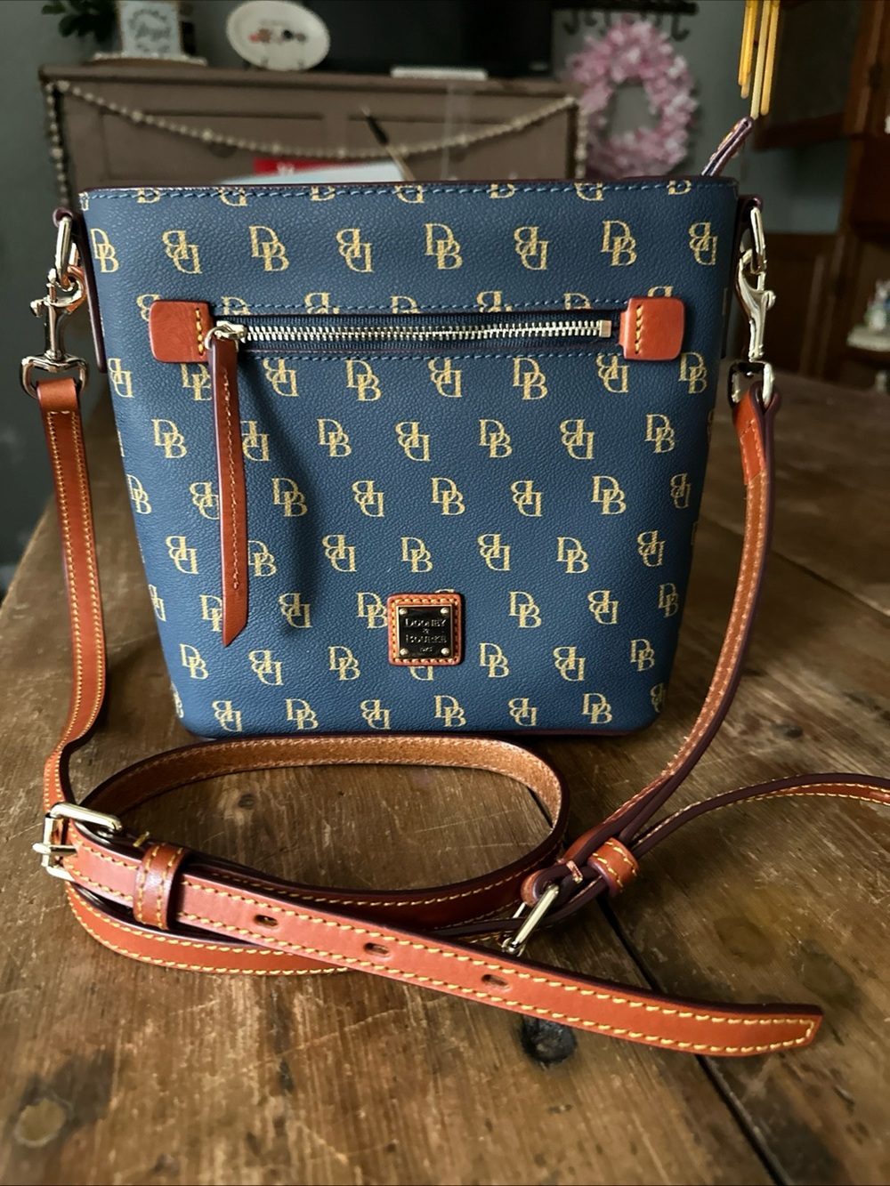 Dooney & Bourke Navy and Brown Signature Crossbody Bucket Bag